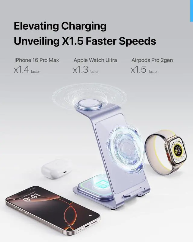 Alt view image 4 of 7 - Aluminum 3 in 1 Wireless Charging Station for iPhone 17 16 15 14 13 12 11 Pro Max XR, Wireless Charger for Apple Watch 11 10 9 8 7 Ultra SE 3 2, Phone Charger for AirPods 4 Pro 2 3 (Lavender)