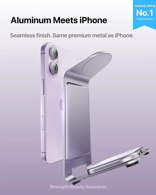 Alt view image 6 of 7 - Aluminum 3 in 1 Wireless Charging Station for iPhone 17 16 15 14 13 12 11 Pro Max XR, Wireless Charger for Apple Watch 11 10 9 8 7 Ultra SE 3 2, Phone Charger for AirPods 4 Pro 2 3 (Lavender)