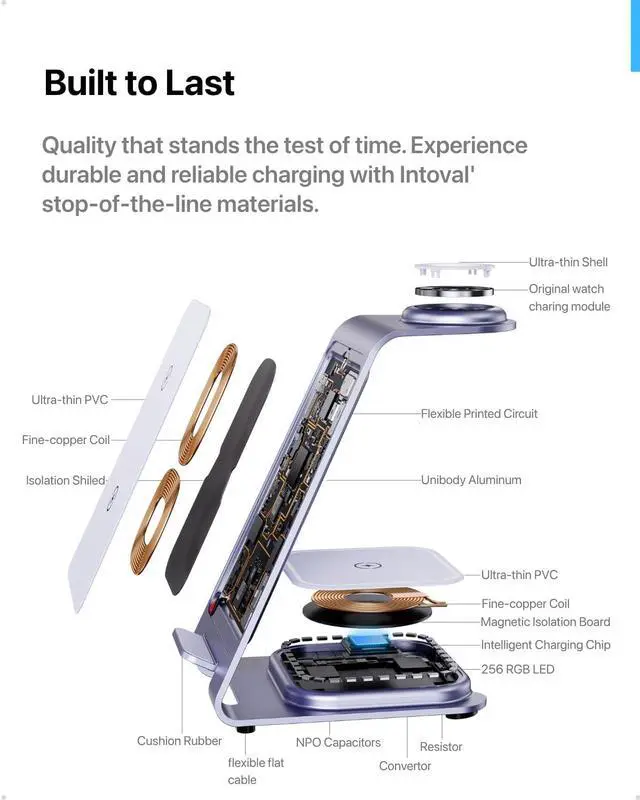 Alt view image 3 of 7 - Aluminum 3 in 1 Wireless Charging Station for iPhone 17 16 15 14 13 12 11 Pro Max XR, Wireless Charger for Apple Watch 11 10 9 8 7 Ultra SE 3 2, Phone Charger for AirPods 4 Pro 2 3 (Lavender)