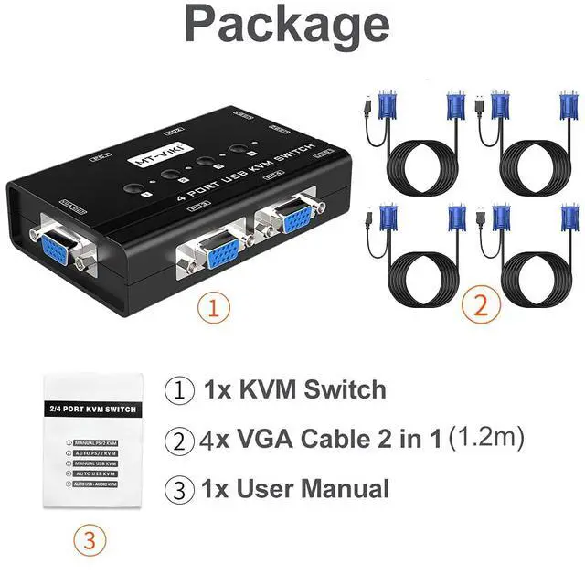 Alt view image 7 of 7 - KVM Switch VGA, 4 Port KVM Switch for 4 Computers Share One Monitor Keyboard Mouse Printer, 3 USB 2.0 Hub, Included 4 VGA KVM Cables