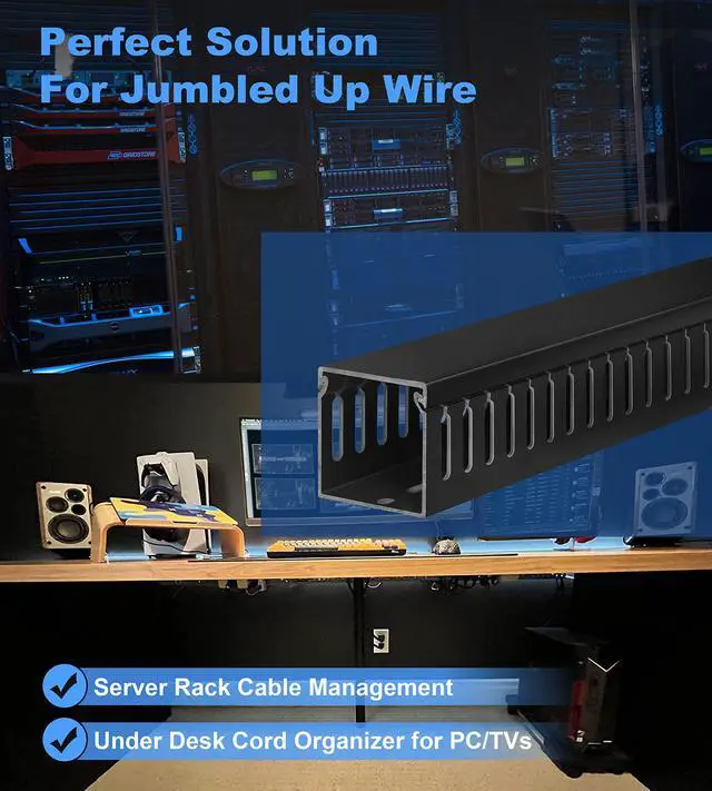 Alt view image 4 of 5 - 2x2in Cable Raceway, Server Rack Cable Management Under Desk Cord Organizer, Electrical Safe PVC Cable Hider Open Slot Wire Raceway for Network/PC/TVs, Wire Duct Black