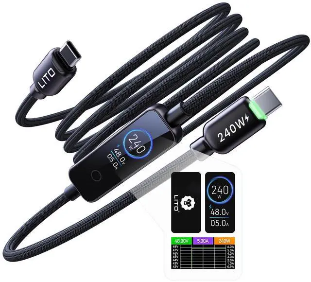 Main image of 240W USB C to USB C Cable with TFT Color Screen, PD 3.1 Fast Charging Premium 48-Strand Nylon Braided Cord Compatible with iPhone 17/16/15, MacBook, Laptop,Tablet, Galaxy, Pixel, Steam Deck,4ft