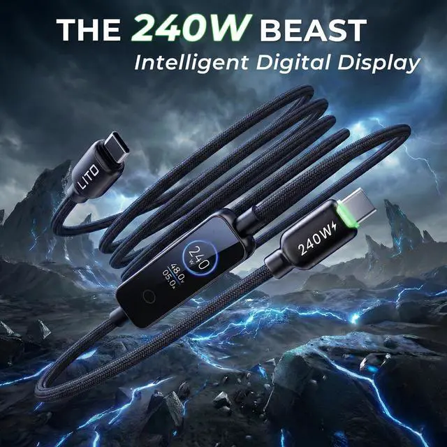 Alt view image 2 of 7 - 240W USB C to USB C Cable with TFT Color Screen, PD 3.1 Fast Charging Premium 48-Strand Nylon Braided Cord Compatible with iPhone 17/16/15, MacBook, Laptop,Tablet, Galaxy, Pixel, Steam Deck,4ft