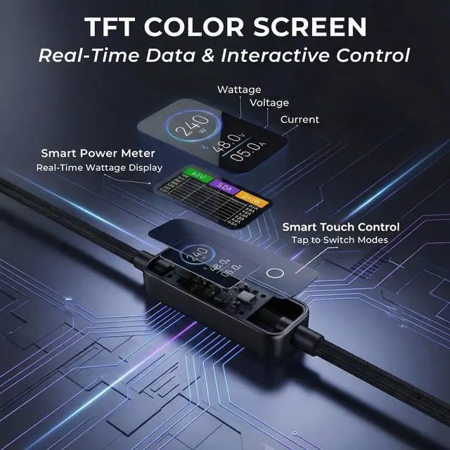 Alt view image 3 of 7 - 240W USB C to USB C Cable with TFT Color Screen, PD 3.1 Fast Charging Premium 48-Strand Nylon Braided Cord Compatible with iPhone 17/16/15, MacBook, Laptop,Tablet, Galaxy, Pixel, Steam Deck,4ft