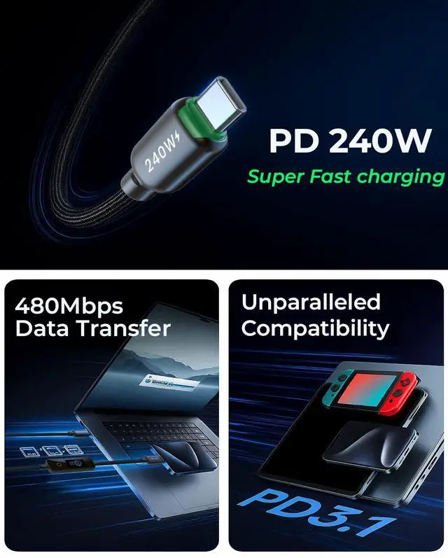 Alt view image 7 of 7 - 240W USB C to USB C Cable with TFT Color Screen, PD 3.1 Fast Charging Premium 48-Strand Nylon Braided Cord Compatible with iPhone 17/16/15, MacBook, Laptop,Tablet, Galaxy, Pixel, Steam Deck,4ft