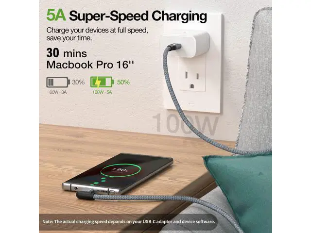 Alt view image 3 of 7 - USB C to USB C Cable 100W, 20Gbps 90 Degree Right Angle 4K@60Hz Video Output Cable (USB C 3.1 & 3.2 Compatible) with E-Marker for Thunderbolt 3, Oculus Quest, MacBook, iPad Pro, Pixel, Switch, 1.65FT