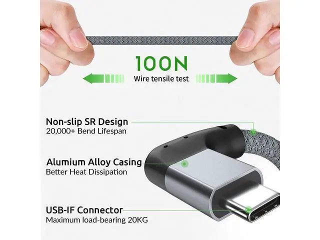Alt view image 7 of 7 - USB C to USB C Cable 100W, 20Gbps 90 Degree Right Angle 4K@60Hz Video Output Cable (USB C 3.1 & 3.2 Compatible) with E-Marker for Thunderbolt 3, Oculus Quest, MacBook, iPad Pro, Pixel, Switch, 1.65FT