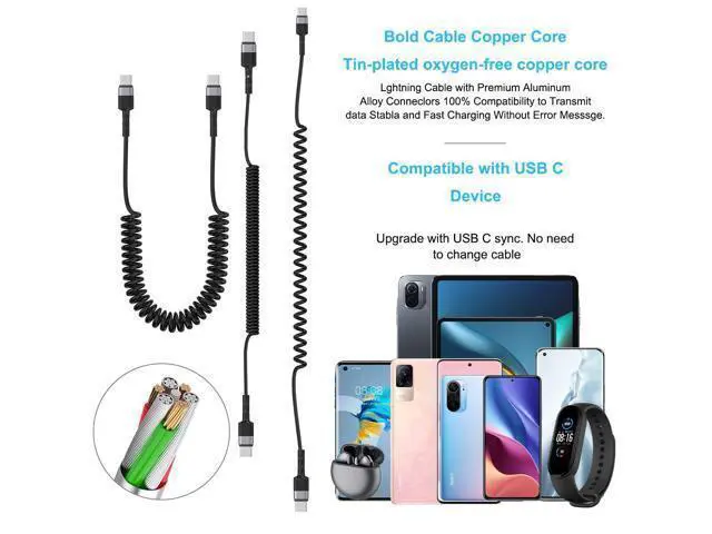Alt view image 5 of 7 - 60W Coiled USB C Cable for Car, 6FT USB C to USB C Coiled Cable, USB C to C Type Fast Charging Cable Compatible with Samsung GalaxyS21/S21+/S20+ Ultra Note 20, Pixel 4/3 XL, MacBook Pro/Air