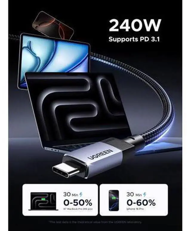 Alt view image 3 of 7 - 240W USB C Cable, 40Gbps USB C to USB C Cable USB4.0 GEN3 8K 60Hz PD 3.1 Video Cable Compatible with USB C Monitors, Hubs, Docks, MacBook Air, iPhone 16/15 Pro Max, Galaxy S25/S24 Ultra, 3.3FT