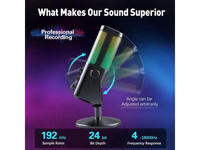 Alt view image 2 of 7 - VAREQOY USB Microphone for PC, RGB Gaming Microphone with Mute Button, Gain Control, Monitoring Headphone 3.5mm Jack, PC Mic for Gaming, Streaming, Podcast, VoiceOver, Recording