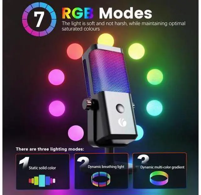 Alt view image 4 of 7 - VAREQOY USB Microphone for PC, RGB Gaming Microphone with Mute Button, Gain Control, Monitoring Headphone 3.5mm Jack, PC Mic for Gaming, Streaming, Podcast, VoiceOver, Recording