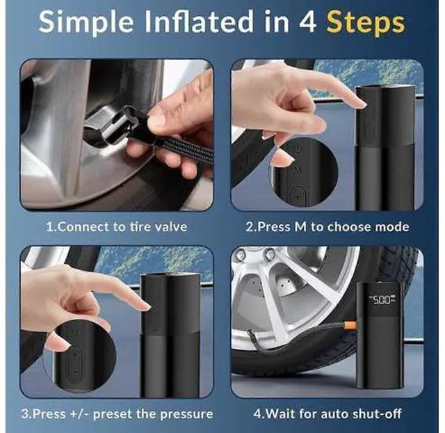Alt view image 5 of 5 - Ecocleanpath Portable Cordless Tire Inflator, 150PSI Fast Air Compressor with LED Light for Car, Bike, Ball (Black)