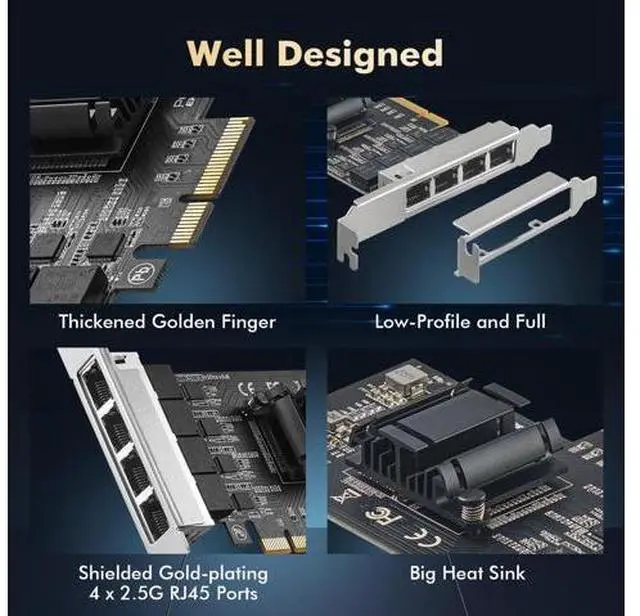 Alt view image 3 of 6 - 4 Ports 2.5G PCIe Network Card, RTL8125B LAN Controller, 2500/1000/100Mbps RJ45 Ethernet NIC Adapter, Support PXE for Windows/Linux