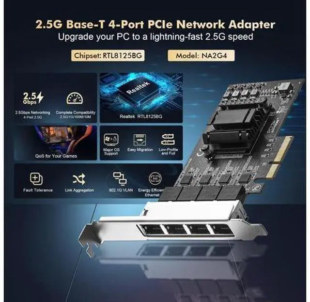Alt view image 5 of 6 - 4 Ports 2.5G PCIe Network Card, RTL8125B LAN Controller, 2500/1000/100Mbps RJ45 Ethernet NIC Adapter, Support PXE for Windows/Linux