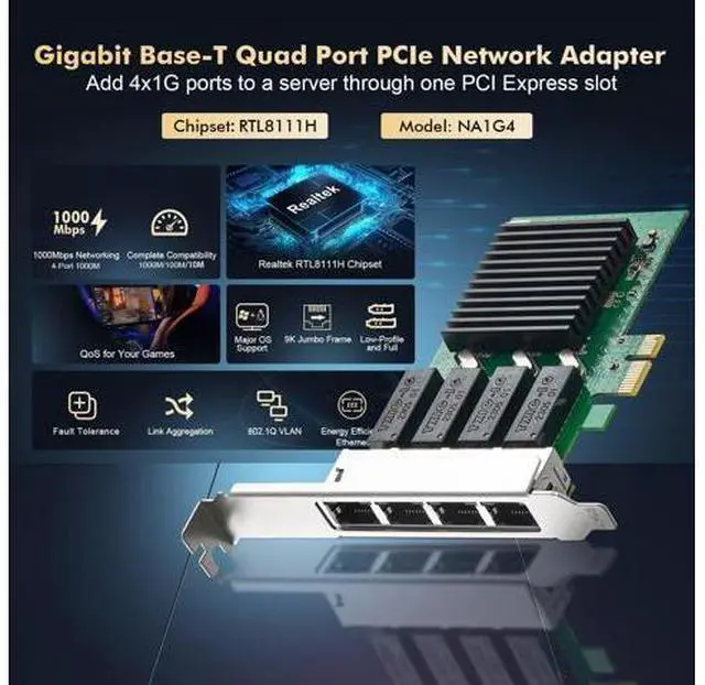 Alt view image 6 of 7 - 4 Port Giga-bit PCIe Network Adapter, Realtek RT8111H Controller 1000/100Mbps Binardat Ethernet LAN NIC Card for Windows/Linux/Mac