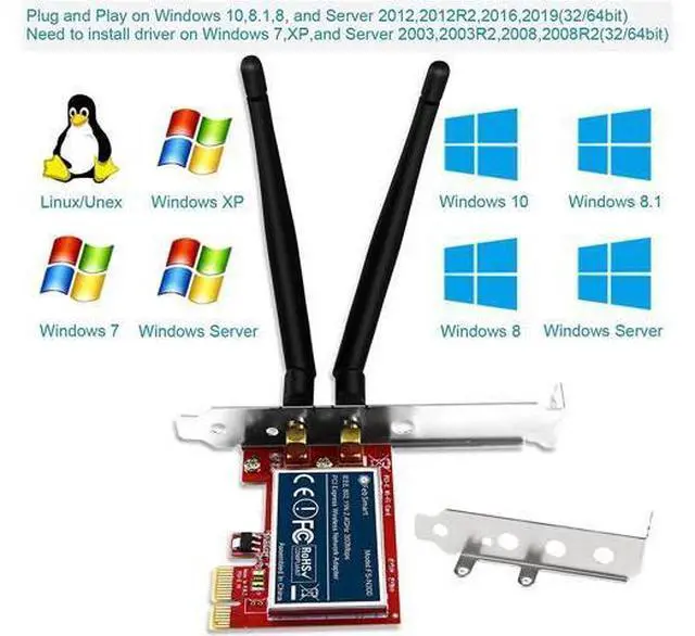 Alt view image 4 of 7 - FebSmart Wireless N 2.4GHz 300Mbps PCIe Wireless Network Adapter for Windows 10 8.1 8 7 XP Server(32/64bit) and Linux PCs ,PCIe WiFi Card,PCIe WiFi Adapter(FS-N300)