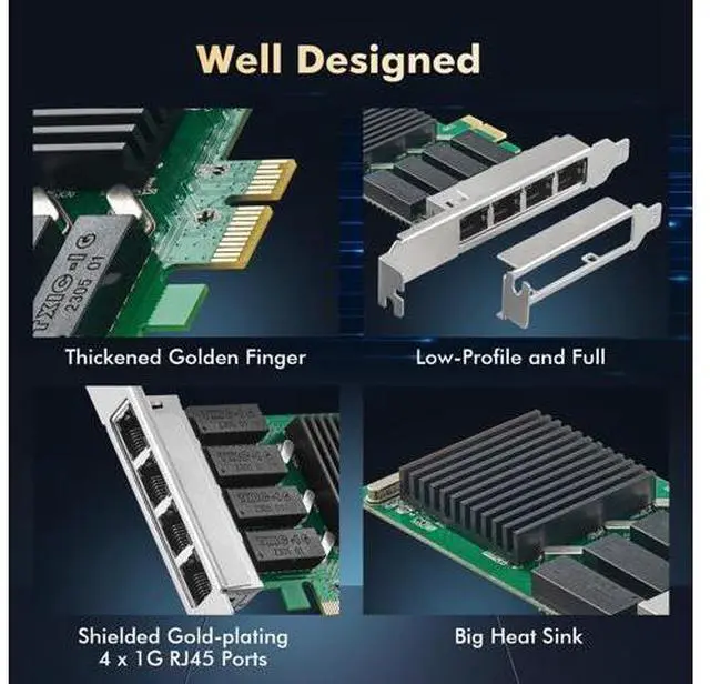 Alt view image 3 of 7 - 4 Port Giga-bit PCIe Network Adapter, Realtek RT8111H Controller 1000/100Mbps Binardat Ethernet LAN NIC Card for Windows/Linux/Mac