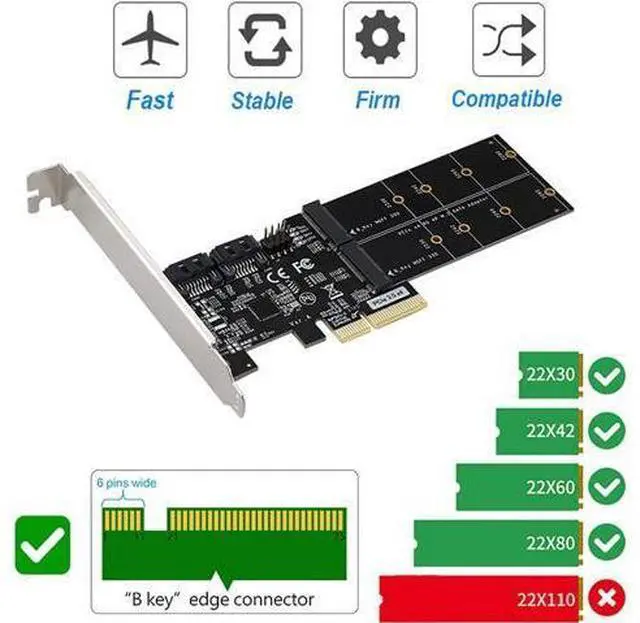 Alt view image 4 of 7 - 4in1 Dual M.2 NGFF (B Key) SSD+ Dual SATAIII 6G SSD/HDD to PCI Express 4X Converter Adapter with Low Profile Bracket for Desktop PC