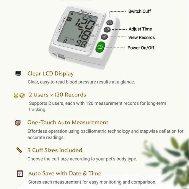Alt view image 4 of 6 - Wearable Pet Blood Pressure Monitor for Cats & Dogs, Automatic Oscillometric Veterinary BP & Heart Rate Monitor, 3 Adjustable Cuffs 4.215cm, Dual-User 120 Memory, Portable Home & Vet Clinic Use