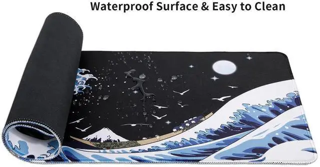 Alt view image 3 of 6 - Japanese Sea Waves Large Gaming Mouse Pad for Desk, Desk Mat with Seamed Edges, Waterproof Desk Pad, Non-Slip Rubber Base, 35.4x15.7 Inch Keyboard Pad Computer Mat, Big XL Japanese Anime Mousepad