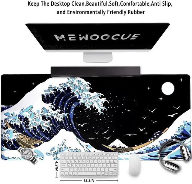 Alt view image 2 of 6 - Japanese Sea Waves Large Gaming Mouse Pad for Desk, Desk Mat with Seamed Edges, Waterproof Desk Pad, Non-Slip Rubber Base, 35.4x15.7 Inch Keyboard Pad Computer Mat, Big XL Japanese Anime Mousepad