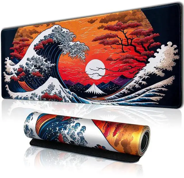 Main image of Japanese Sea Waves Large Gaming Mouse Pad for Desk, Desk Mat with Seamed Edges, Waterproof Desk Pad, Non-Slip Rubber Base,35.4x15.7 Inch Keyboard Pad Computer Mat, Big XL Mousepad 35.4x15.7 Inch