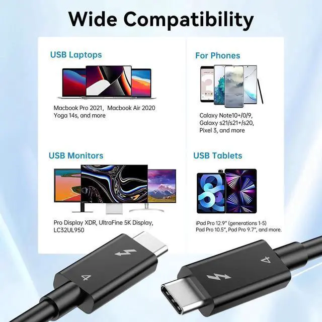 Alt view image 7 of 7 - Thunderbolt 4 Cable 3.3 FT - Intel Certified, Supports 8K Display/ 40Gbps Transfer/ 100W Charging USB C Cable, Thunderbolt Cable for iPhone 15/16 Series, MacBook Air, iPad, Docking