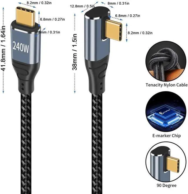 Alt view image 5 of 6 - USB C Cable Right Angle Short, 3.3 ft 240W USB C to USB C Cable, 90 Degree USB C Charger Cable Fast Charging Type C to Type C Cable Compatible with MacBook & iPad Pro & Samsung