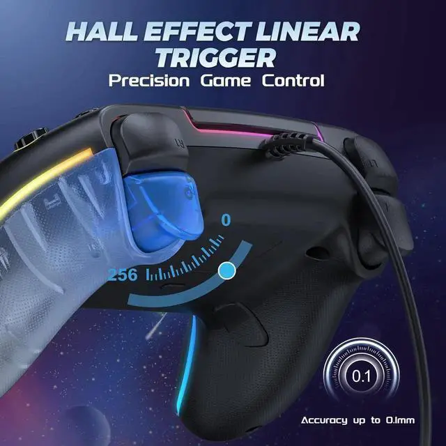 Alt view image 5 of 7 - RGB Wired Controller for PS5/PS4 and PC with Hall Effect Joystick and Trigger, 3.5mm Audio Jack, Support Tubro/Macro Function, Adjustable Dual Vibration 6-Axis Motion Control Gamepad