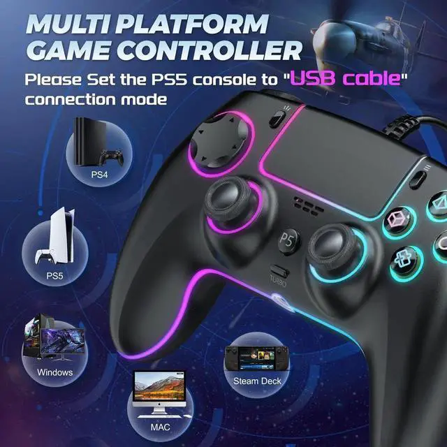Alt view image 2 of 7 - RGB Wired Controller for PS5/PS4 and PC with Hall Effect Joystick and Trigger, 3.5mm Audio Jack, Support Tubro/Macro Function, Adjustable Dual Vibration 6-Axis Motion Control Gamepad