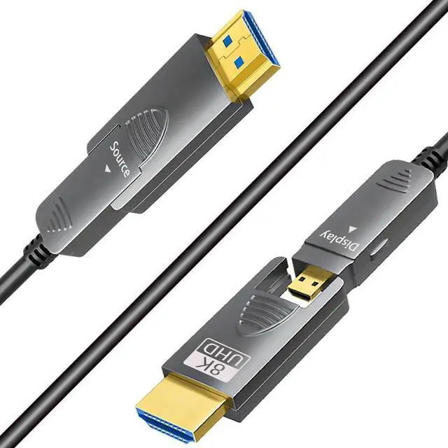Main image of 50ft 8K Fiber Optic HDMI Cable, Micro HDMI to HDMI 2.1, Detachable Type A+D, 48Gbps Ultra Speed, HDR, 3D, eARC, in Wall CL2 / CL3 Rated, Slim and Flexible for PS5 Project TV 15m / 50ft