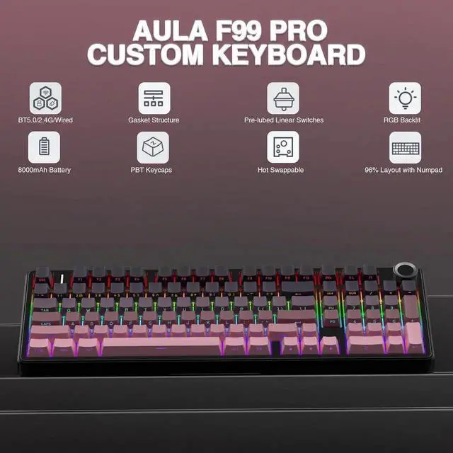 Alt view image 2 of 7 - AULA F99 Pro Wireless Mechanical Keyboard with Knob,Tri-Mode BT5.0/USB-C/2.4GHz Hot Swappable Keyboard,Gasket Structure,Creamy Sound,RGB Backlit Computer Gaming Keyboards