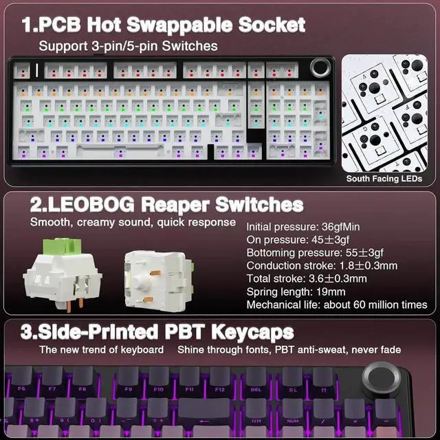 Alt view image 5 of 7 - AULA F99 Pro Wireless Mechanical Keyboard with Knob,Tri-Mode BT5.0/USB-C/2.4GHz Hot Swappable Keyboard,Gasket Structure,Creamy Sound,RGB Backlit Computer Gaming Keyboards