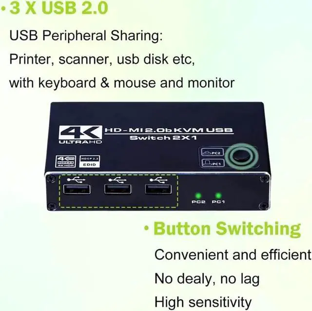 Alt view image 4 of 7 - 4K @60Hz HDMI 2.0 KVM Switch 2 in 1 Out HDMI Selector Box with 3x USB2.0 Ports for Two Computers Share One Set Keyboard Mouse Printer and HD Monitor 2 In 1 Out HDMI2.0b KVM Switch