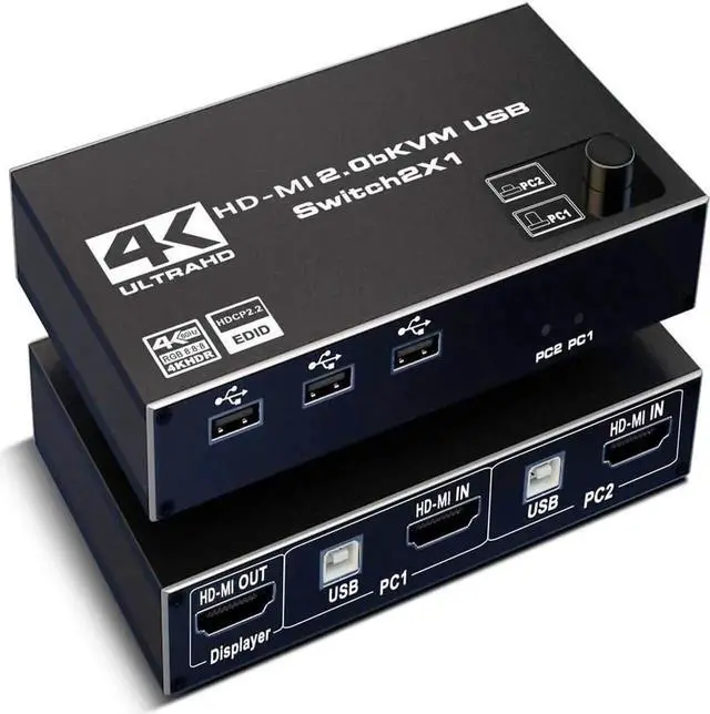 Main image of 4K @60Hz HDMI 2.0 KVM Switch 2 in 1 Out HDMI Selector Box with 3x USB2.0 Ports for Two Computers Share One Set Keyboard Mouse Printer and HD Monitor 2 In 1 Out HDMI2.0b KVM Switch
