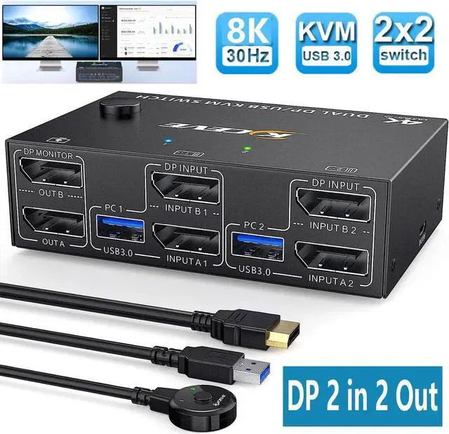 Main image of DisplayPort 1.4 KVM Switch Dual Monitor 2 in 2 Out 8K @30Hz 4K@144Hz, DP1.4 USB KVM Switch and 4 USB 3.0 for 2 Computers, Backnward Compatible DP1.2 with DP+USB Cables and Wired Controller