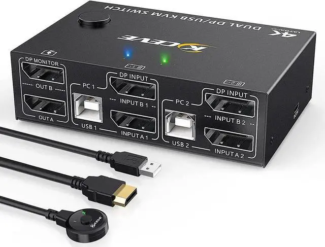 Main image of 2 Port Dual Monitor Displayport KVM Switch, 8K @30Hz 4K @144Hz, DP Extended Display Port KVM Switch 2 in 2 Out for 2 Computers Share 2 Monitors and 4 USB 2.0 Ports, Wired Remote and 4 Cables Included
