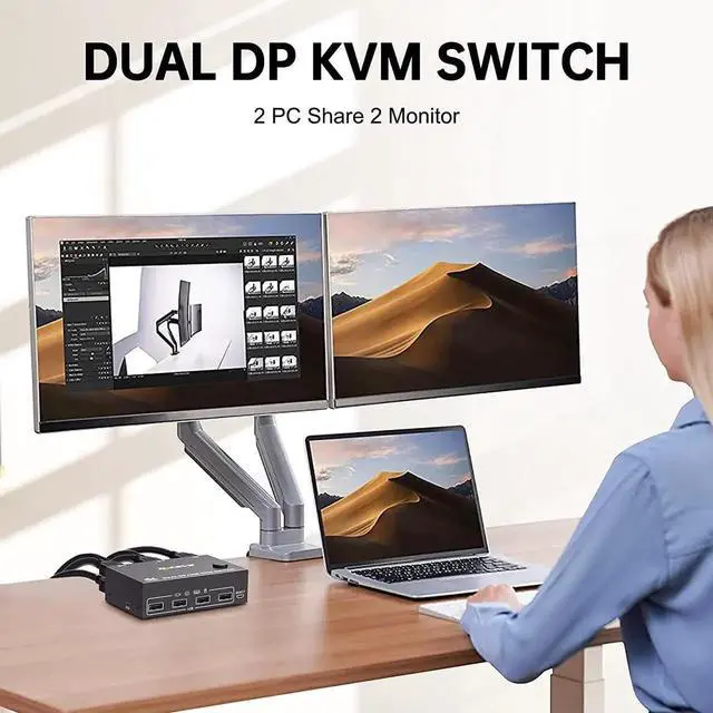 Alt view image 4 of 7 - 2 Port Dual Monitor Displayport KVM Switch, 8K @30Hz 4K @144Hz, DP Extended Display Port KVM Switch 2 in 2 Out for 2 Computers Share 2 Monitors and 4 USB 2.0 Ports, Wired Remote and 4 Cables Included
