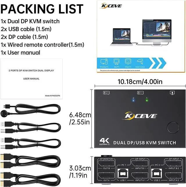 Alt view image 7 of 7 - 2 Port Dual Monitor Displayport KVM Switch, 8K @30Hz 4K @144Hz, DP Extended Display Port KVM Switch 2 in 2 Out for 2 Computers Share 2 Monitors and 4 USB 2.0 Ports, Wired Remote and 4 Cables Included