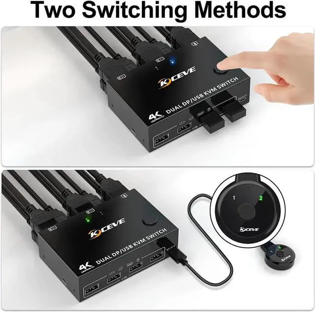 Alt view image 5 of 7 - 2 Port Dual Monitor Displayport KVM Switch, 8K @30Hz 4K @144Hz, DP Extended Display Port KVM Switch 2 in 2 Out for 2 Computers Share 2 Monitors and 4 USB 2.0 Ports, Wired Remote and 4 Cables Included