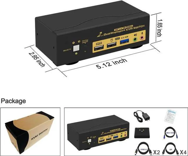 Alt view image 7 of 7 - 2 Port Displayport KVM Switch, Dual Monitor DisplayPort 1.4 USB 3.0 KVM Switch for 2 Computers 2 Monitor 4K@144Hz 8K@30Hz, PC Screen Keyboard Mouse Peripheral Audio Sharing Selector, with All Cables