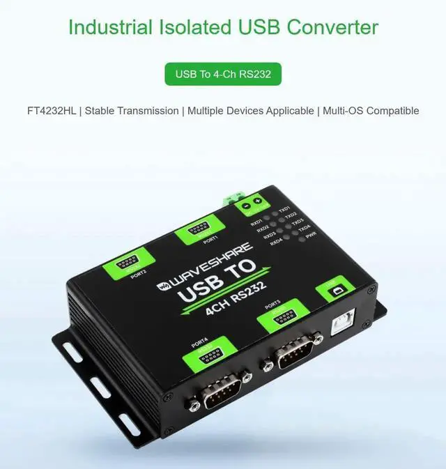 Alt view image 2 of 7 - Industrial Isolated USB to 4-Ch RS232 Converter USB to Serial Adapter Original FT4232HL Chip Mac/Linux/Windows Multi-OS Compatible RS232 Male Port