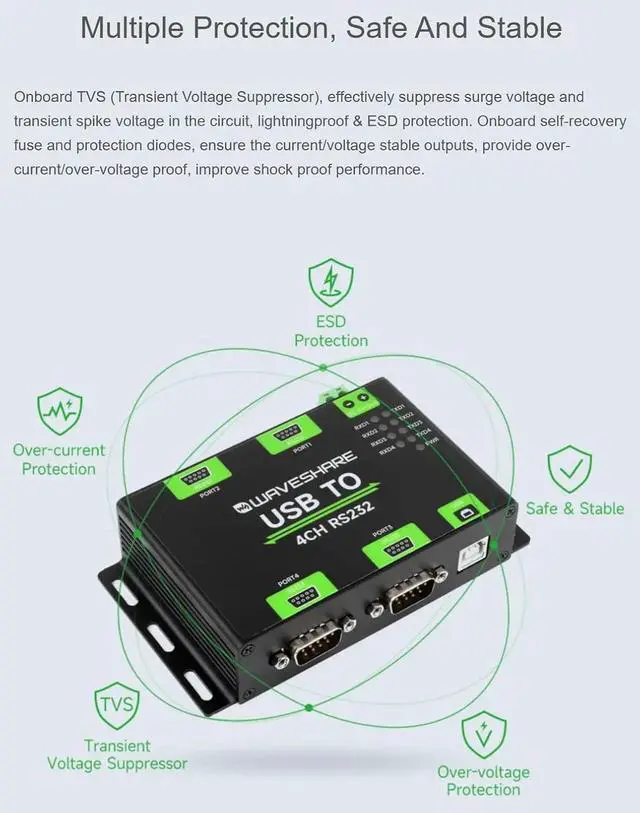 Alt view image 3 of 7 - Industrial Isolated USB to 4-Ch RS232 Converter USB to Serial Adapter Original FT4232HL Chip Mac/Linux/Windows Multi-OS Compatible RS232 Male Port