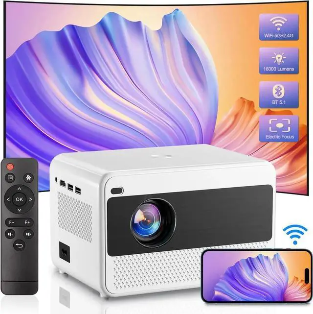 Main image of 5G WiFi & Bluetooth 1080P Portable Projector, 16000LM, 50% Zoom, Outdoor Movie Projector for Phone/Laptop/TV Stick/DVD/USB/HDMI