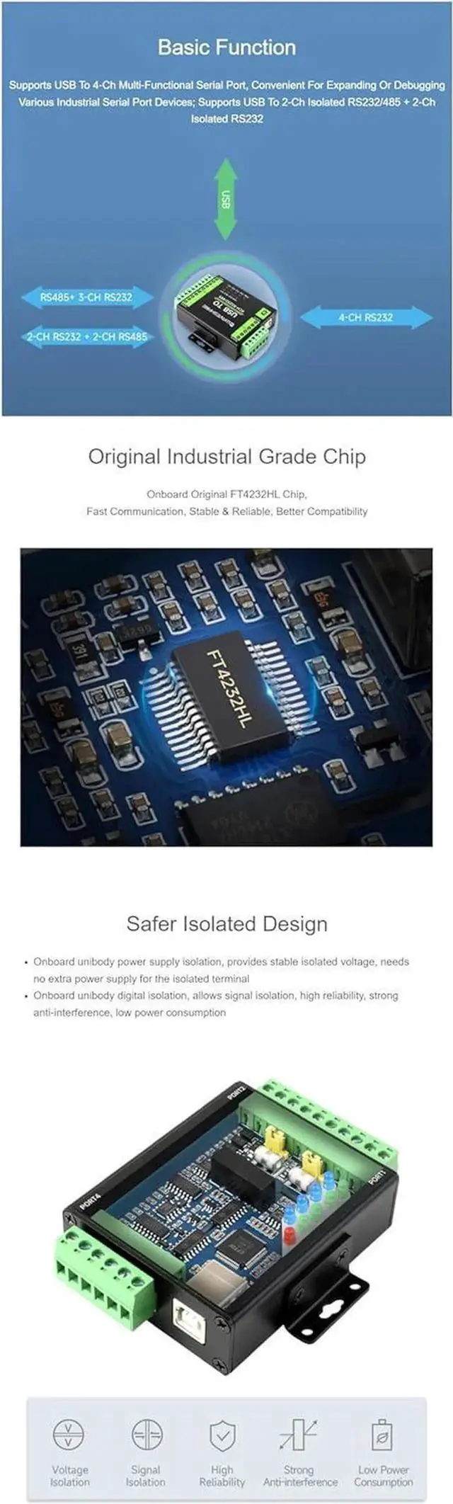 Alt view image 2 of 7 - Industrial Isolated USB to RS232/485 Converter Original FT4232HL Supports USB to USB to 4-Ch RS232, USB to 2-Ch RS232, USB to 2-Ch RS232/485