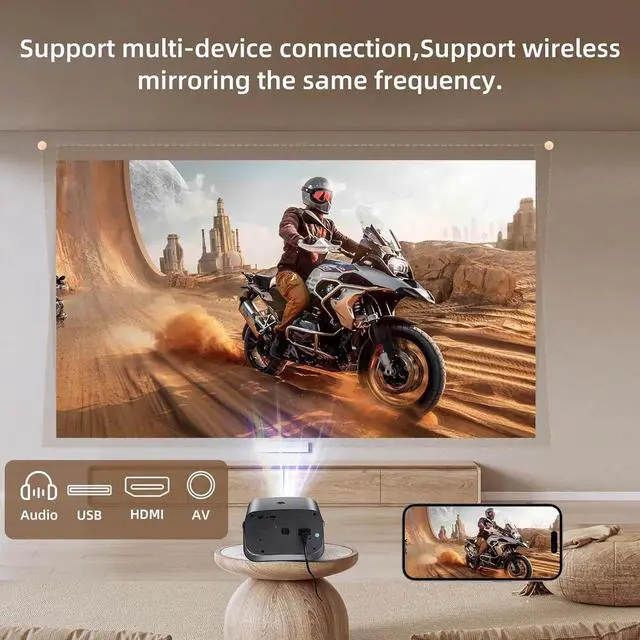 Alt view image 3 of 7 - Full HD 1080P Projector, Portable Projector, 360° Rotatable, Electric Focus, Automatic Step Correction, HDMI/USB/3.5 Audio Interface, Compatible with Mobile TV/Tablet/Smartphone(European plug)