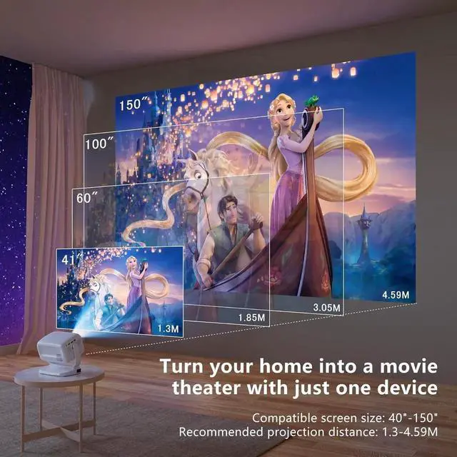Alt view image 2 of 3 - 4K Projector, Auto Focus with Built-in Stand, 5000 Lumens, WiFi Bluetooth, 40-150 inch Display, Android System