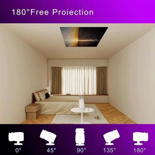 Alt view image 4 of 5 - 180°Mini Smart Portable Projector 4k with WiFi and Bluetooth for iphone,300ANSI Bedroom Ceiling Projector with Apps 1080P Home/Outdoor Projector for Video Game Console/PC/Laptop