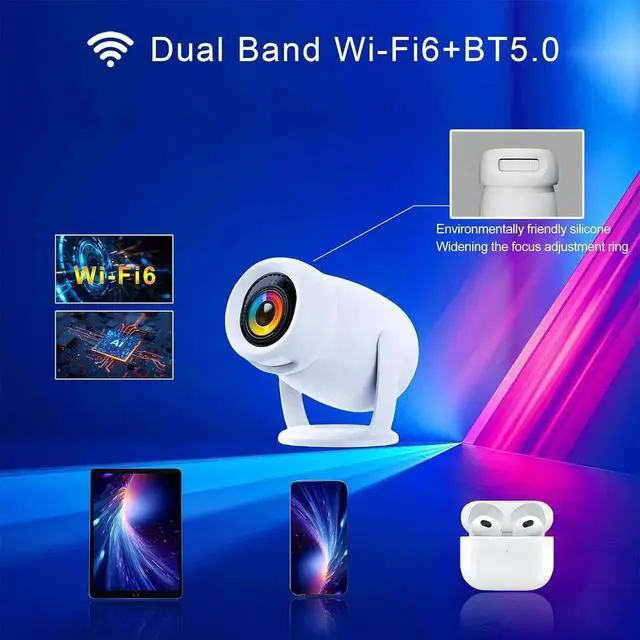 Alt view image 3 of 5 - 180°Mini Smart Portable Projector 4k with WiFi and Bluetooth for iphone,300ANSI Bedroom Ceiling Projector with Apps 1080P Home/Outdoor Projector for Video Game Console/PC/Laptop