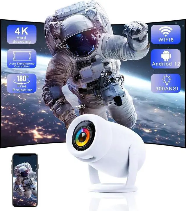 Alt view image 5 of 5 - 180°Mini Smart Portable Projector 4k with WiFi and Bluetooth for iphone,300ANSI Bedroom Ceiling Projector with Apps 1080P Home/Outdoor Projector for Video Game Console/PC/Laptop